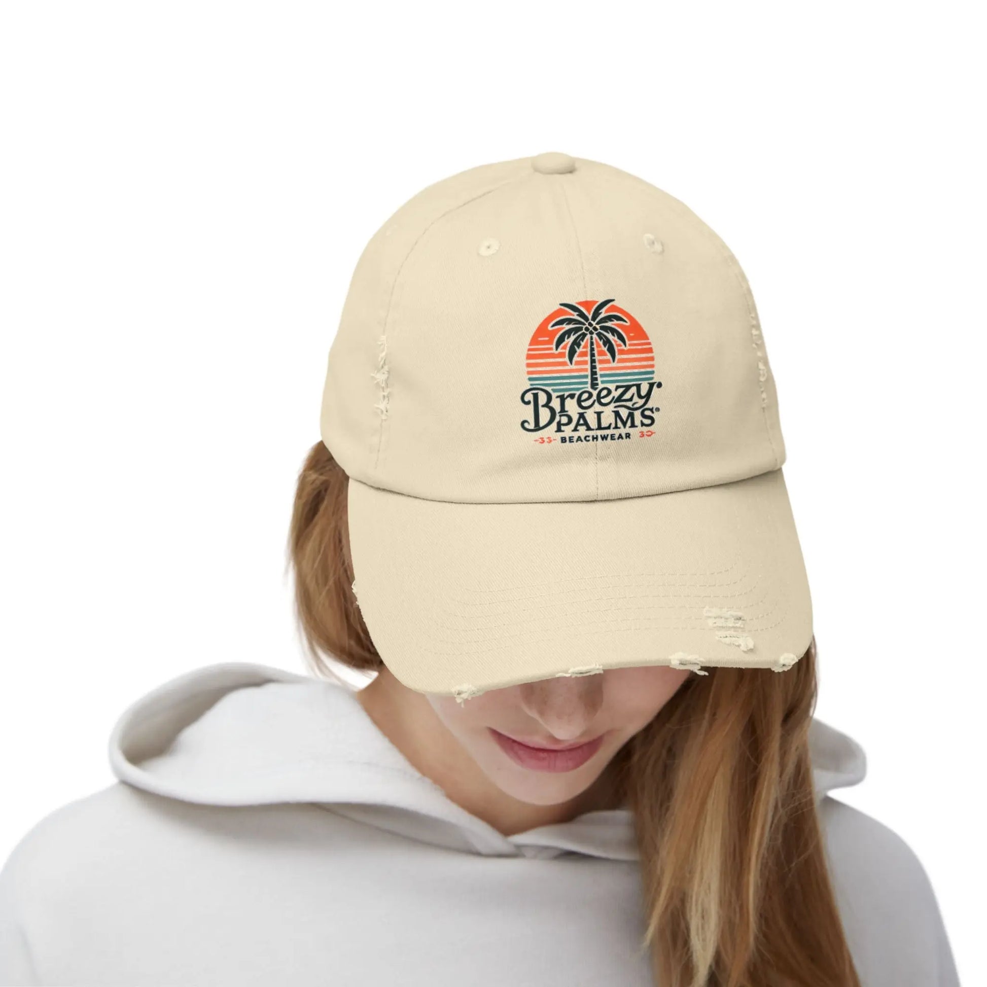 Breezy Palms Distressed Cap - Beachwear Vibe for All Seasons Printify